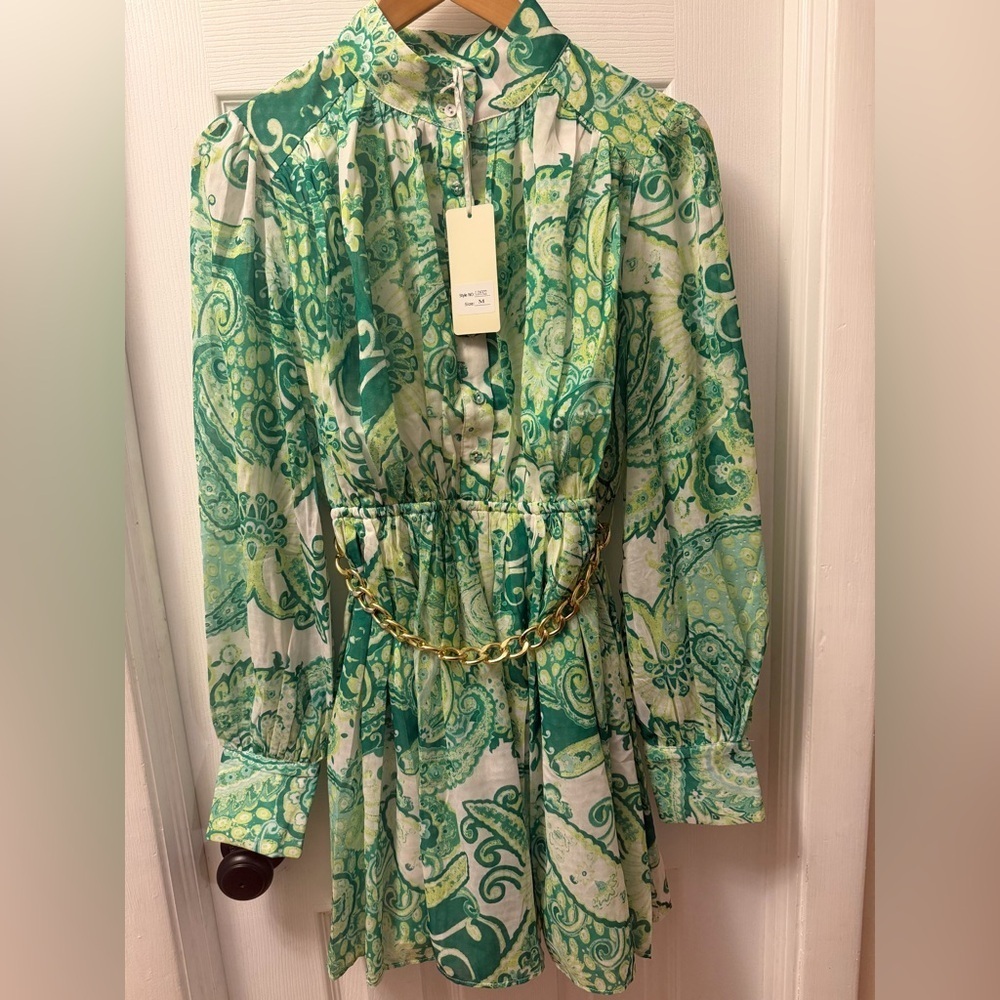 The Clothing Company Green and White Paisley Dress w/ Gold Chain Belt detail - Picture 2 of 5